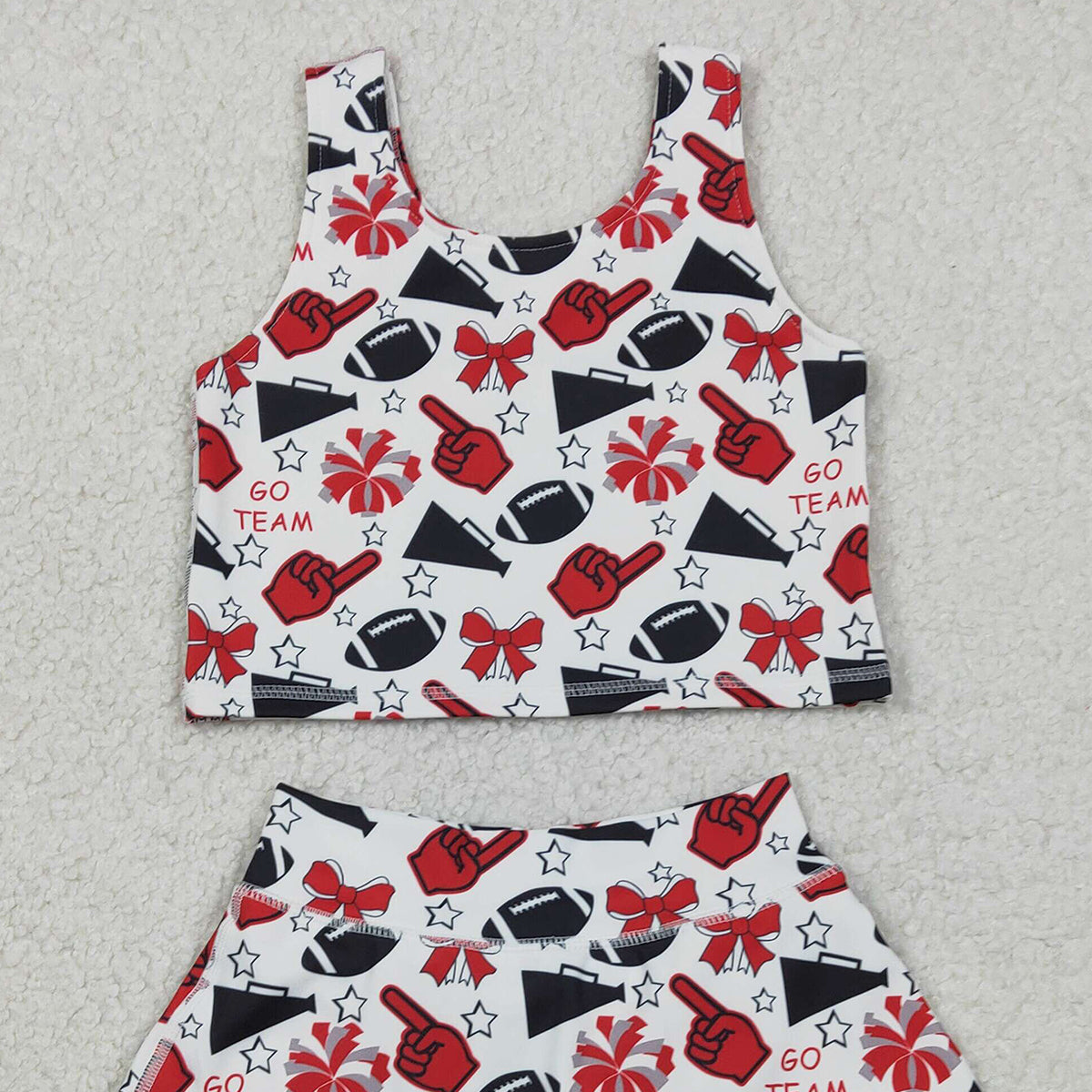 2.3 RTS NO MOQ （In stock）GSD2693 Baby Girls Team Red Football Bows Vest Top Short Skirts Yoga Sets