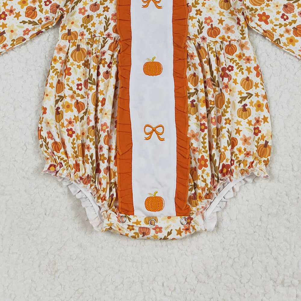 8.16  LR2228 RTS NO MOQ Baby Girls Winter Rompers Embroidery Baby Girls Long Sleeves Bows Pumpkins Floral Ruffle Rompers