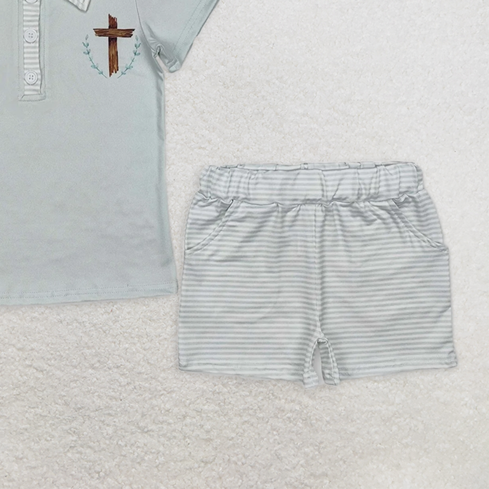 BSSO1025RTS NO MOQ Baby Boys Summer Boys Outfits Baby Boys Easter Cross Tee Shorts Clothes Sets