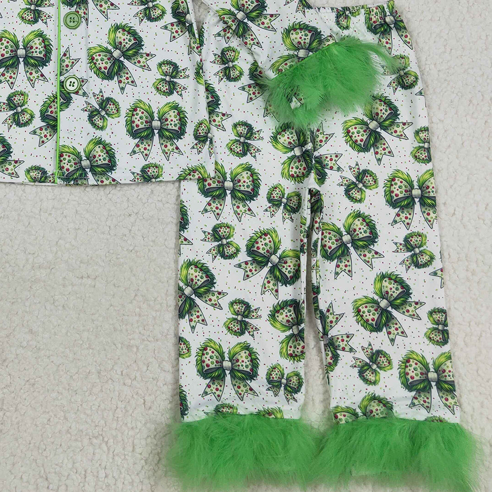 8.23 RTS NO MOQ （In stock）GLP2582 Baby Girls Winter Outfits Baby Girls Fur Sleeves Green Bows Plaid Button Top Pant Christmas Pajamas Set