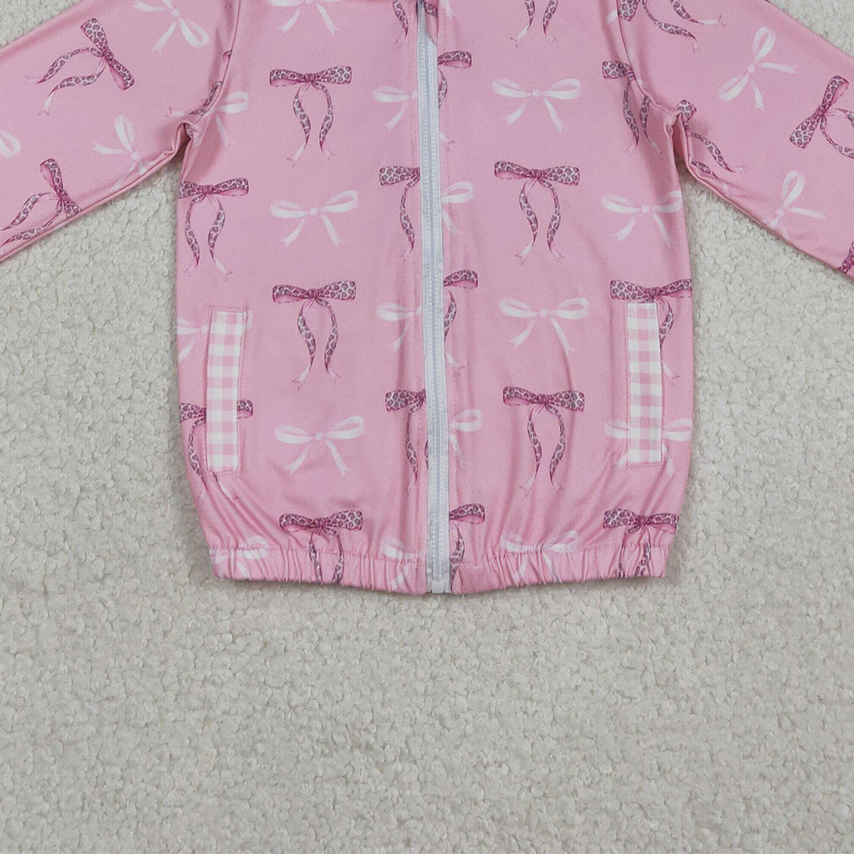 12.17 RTS NO MOQ （In stock）GT1217 Baby Girls Pink Bows Pocket Zipper Ruffle Hoodies Jackets Top