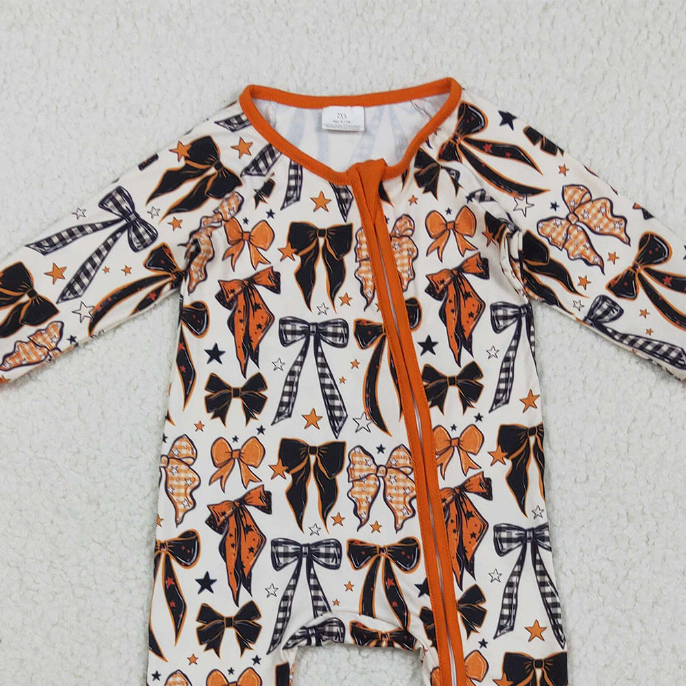 RTS NO MOQ （In stock）LR2409 Baby Boys Winter Rompers Baby Boys Orange Black Bows Stars Halloween Zipper Footie Rompers