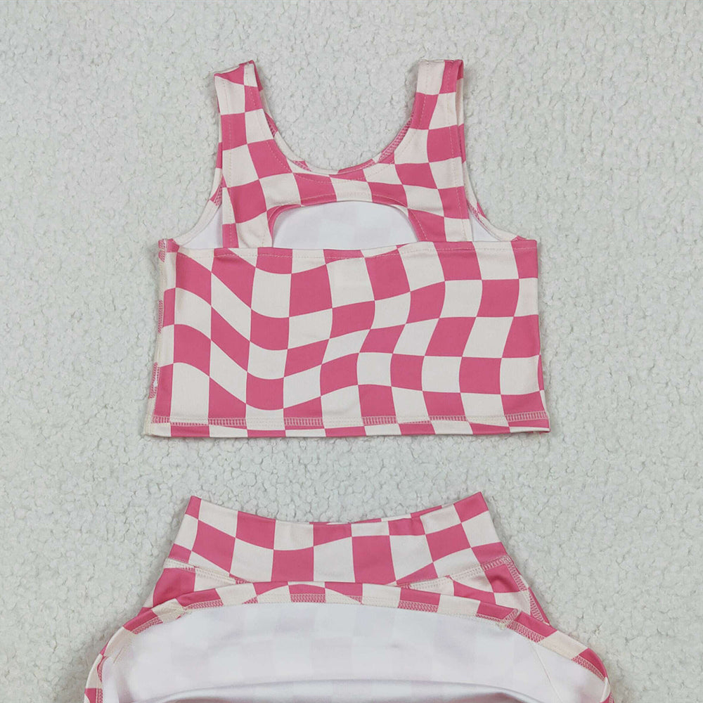 4.23 GSD2329 RTS NO MOQ Baby Girls Yoga Outfits Sleeveless pink plaid top skirt kids girls active wear set