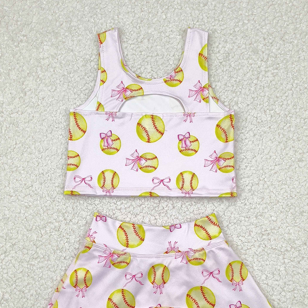 5.16  GSD2045 RTS NO MOQ Baby Girls Yoga Outfits Sleeveless softball bow top skirt girls active wear set
