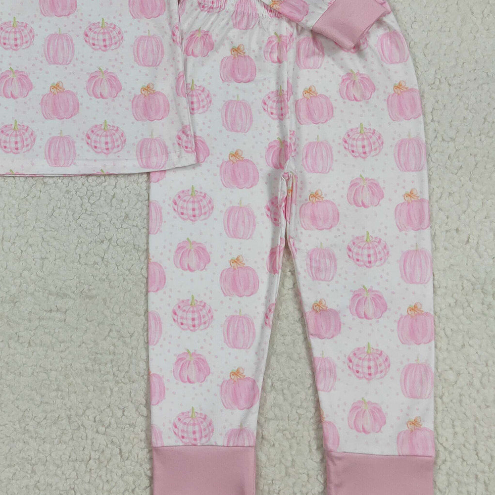 RTS NO MOQ （In stock） GLP1188 Baby Girls Winter Outfits Pink pumpkin long sleeves girls fall pajamas