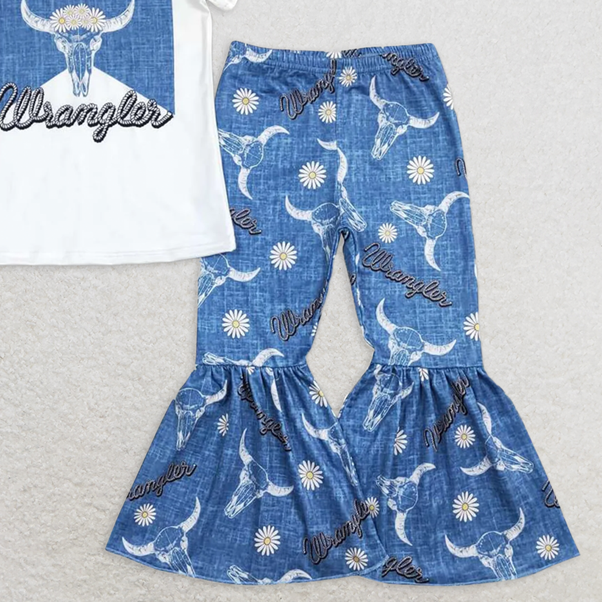 GSPO1287 RTS NO MOQ Baby Girls Spring Outfits Wrangler alpine bull head white short-sleeved floral blue trousers suit