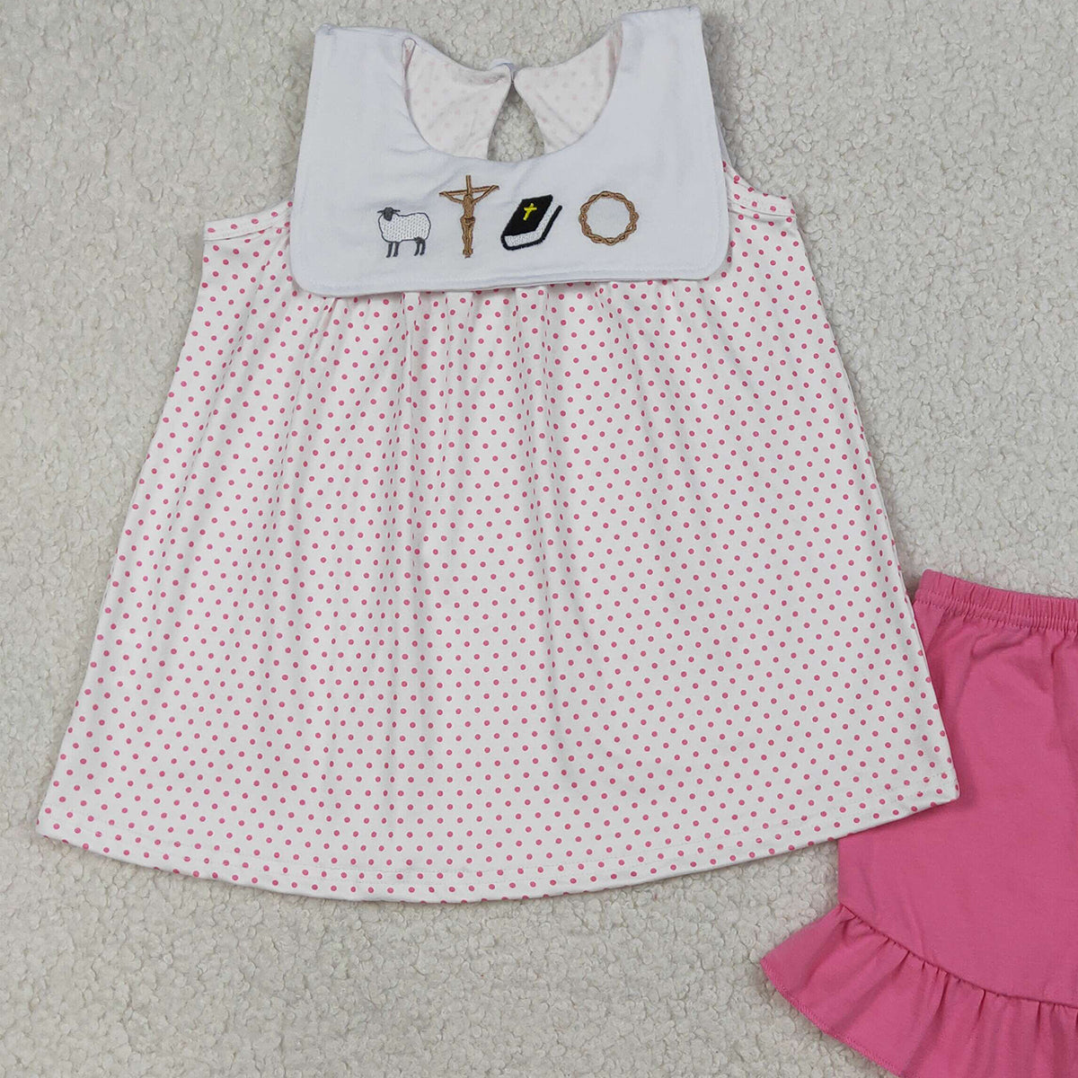 3.20 RTS NO MOQ （In stock）GSSO3019 Kids Clothing for Baby Girls Sleeveless Embroidery Cross Sheep Polka Dots Tunic Ruffle Shorts Clothes Sets