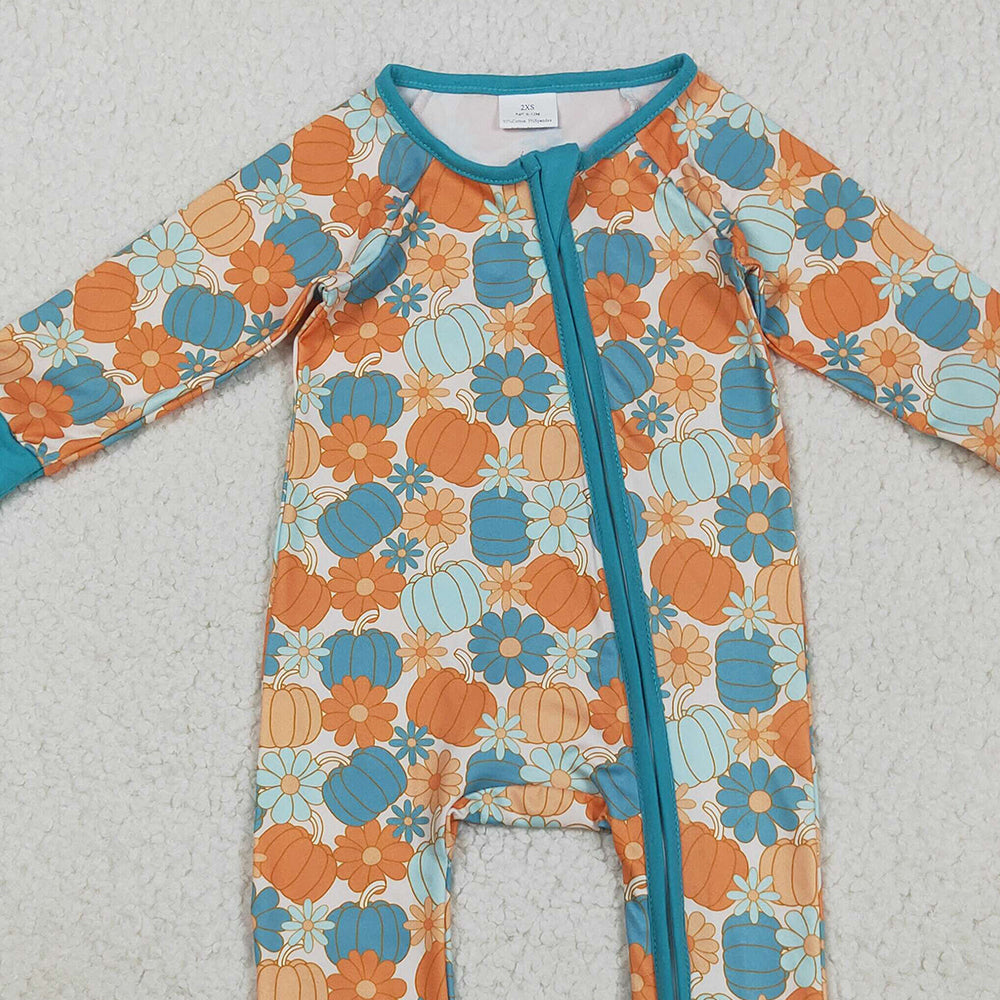 RTS NO MOQ （In stock）LR2461 Baby Boys Winter Rompers Baby Boys Colorful Pumpkins Flowers Fall Zipper Footie Rompers