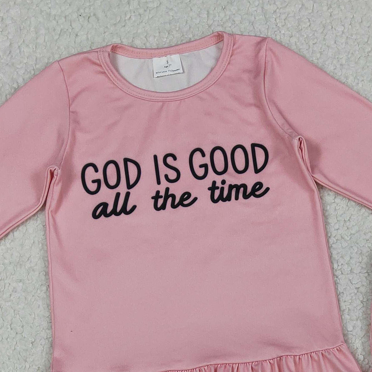 12.4 RTS NO MOQ （In stock）GLP3038 Baby Girls God is Good Ruffle Top Checked Pockets Jogger Pants Clothes Sets