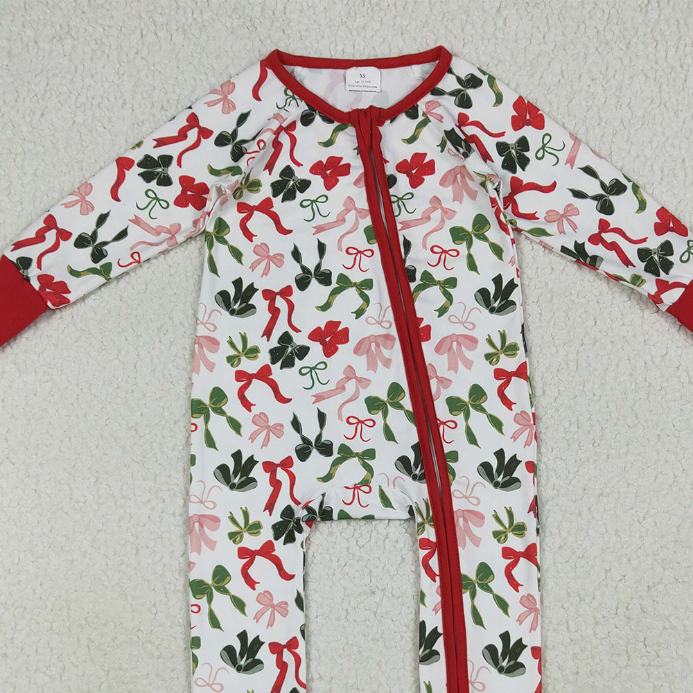 8.16  LR2203RTS NO MOQ Baby Boys Winter Rompers Baby Kids Long Sleeves Red Green Bows Zipper Rompers