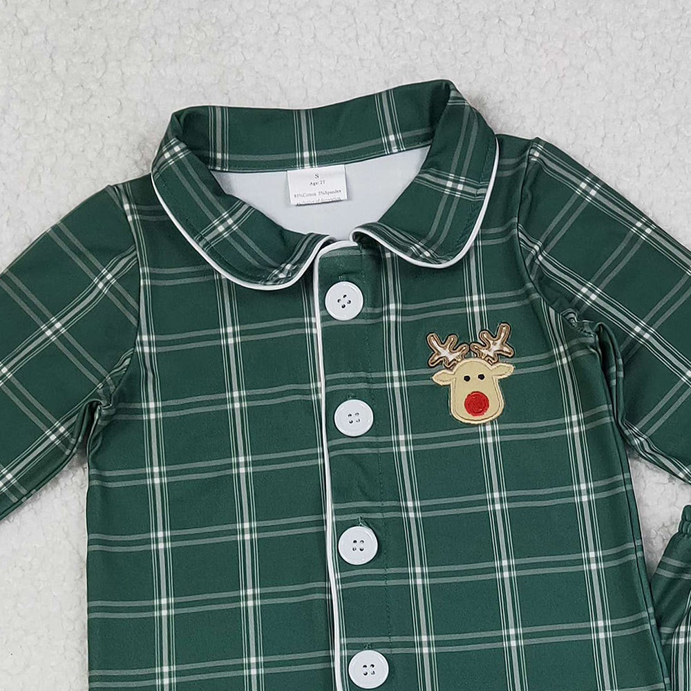 RTS NO MOQ （In stock）BLP0545 Baby Boys Winter Outfits Christmas Checkered Deer Buttons Top Pants Pajamas Sets