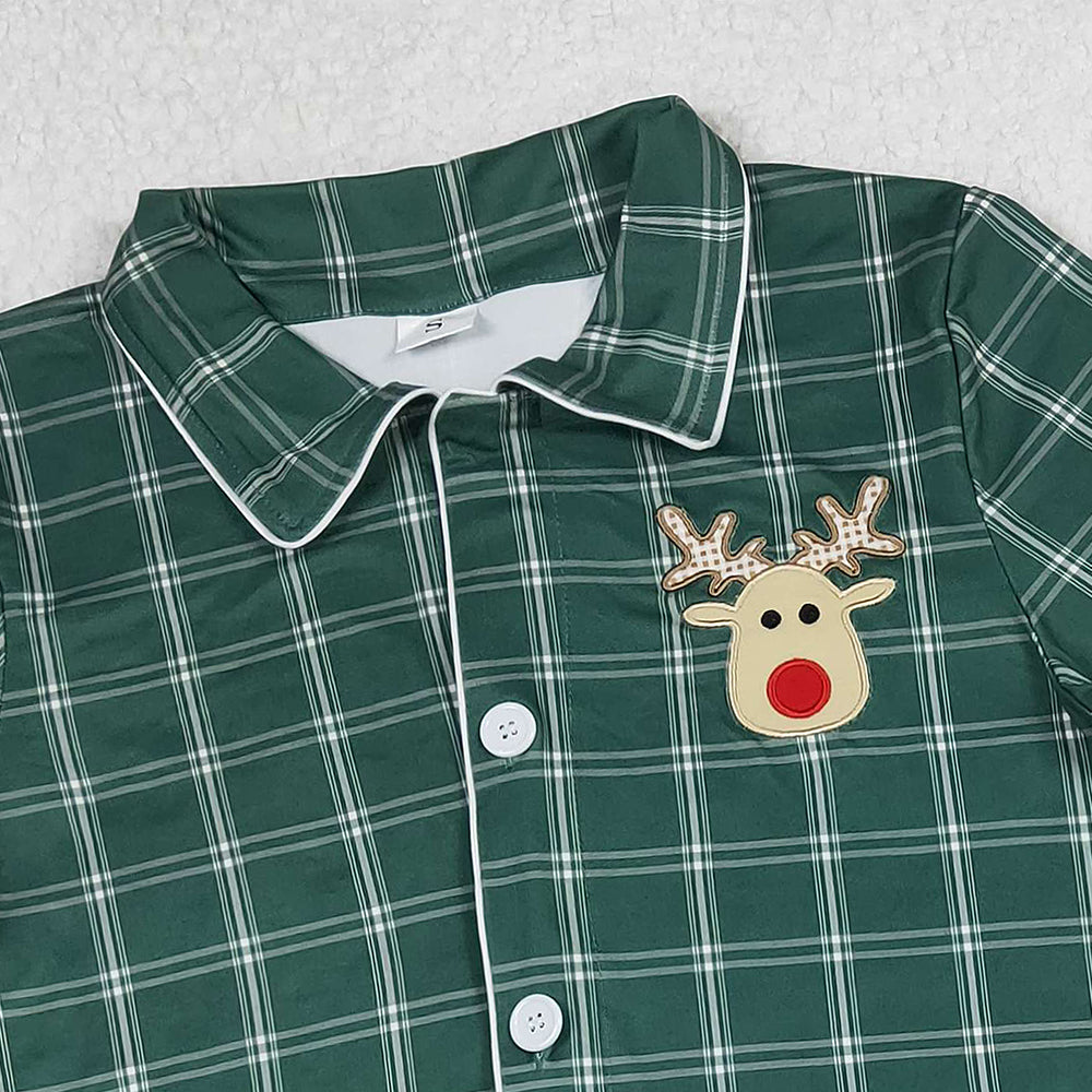 9.29  RTS NO MOQ （In stock）GT0621 Embroidery Deer Adult Women Green Checked Christmas Tops Sleep Wears