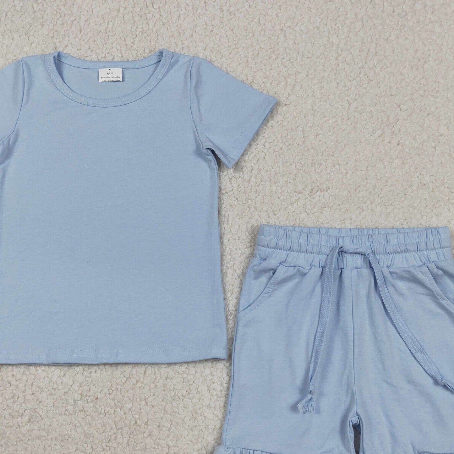 GSSO3349 RTS NO MOQ （In stock ）Short sleeves light blue cotton top ruffle shorts girls outfits）