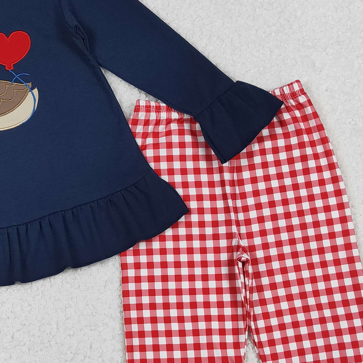 10.29 RTS NO MOQ （In stock）GLP2912 Embroidery Heart Ducks Baby Girls Navy Tunic Red Checked Pants Valentine Clothes Sets