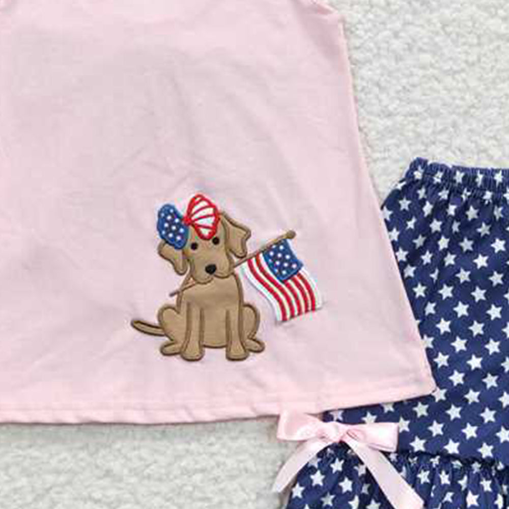 GSSO0236Girls Backless Bow Dog Flag Embroidery 4th of July Clothes Fourth of July Outfit Pet Friendly Patriotic Fashion