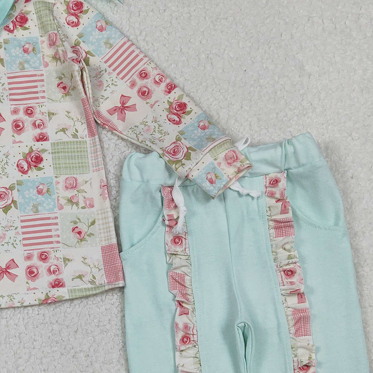 10.27 RTS NO MOQ （In stock）GLP2551 Baby Girls Flowers Checked Bows Top Ruffle Pockets Pants Clothes Sets
