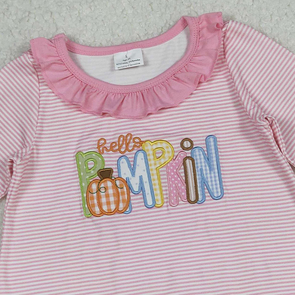10.1 RTS NO MOQ （In stock）GT1183 Baby Girls Long Sleeve Tops Embroidery Pumpkins Baby Girls Pink Stripe Fall Tee Shirts Top