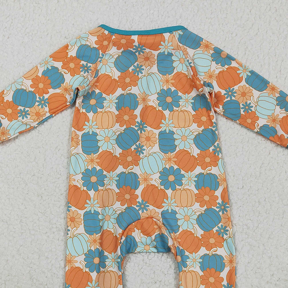 RTS NO MOQ （In stock）LR2461 Baby Boys Winter Rompers Baby Boys Colorful Pumpkins Flowers Fall Zipper Footie Rompers