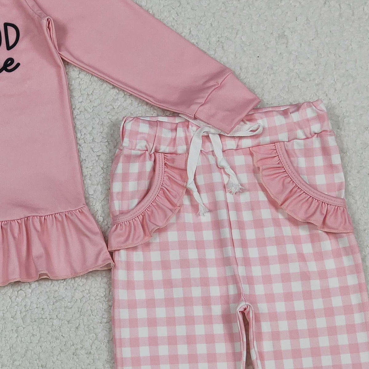 12.4 RTS NO MOQ （In stock）GLP3038 Baby Girls God is Good Ruffle Top Checked Pockets Jogger Pants Clothes Sets