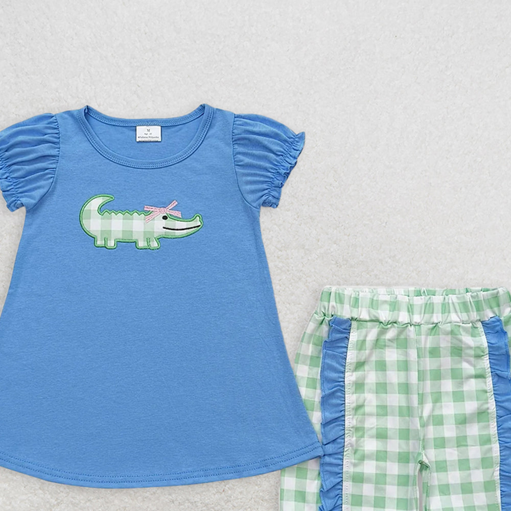 GSSO0850RTS NO MOQ Baby Girls Summer Outfits  Embroidered bow crocodile blue short-sleeved green plaid shorts suit