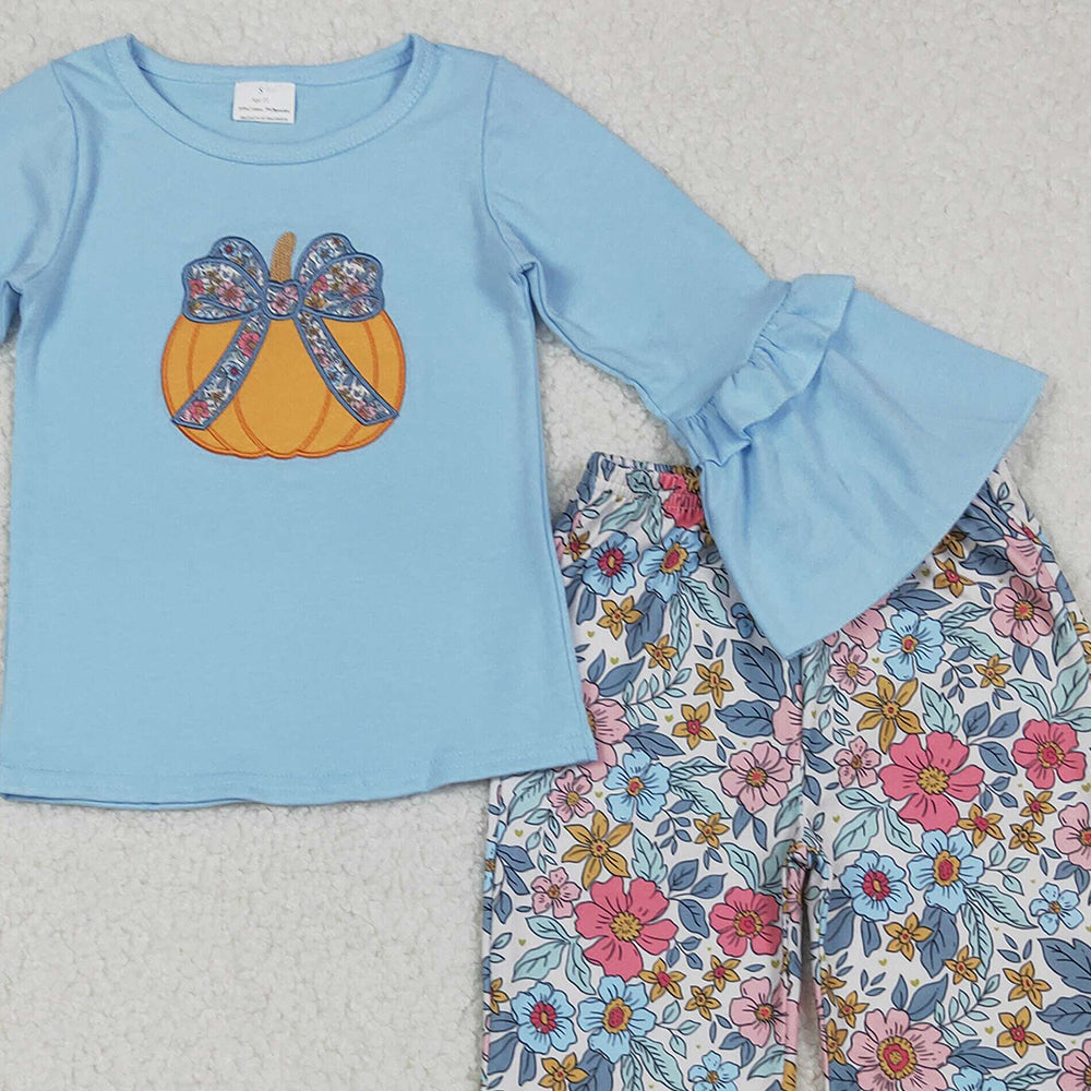 RTS NO MOQ （In stock）GLP2596 Baby Girls Winter Outfits Floral Pumpkins Top Bell Bottom Pant Sets