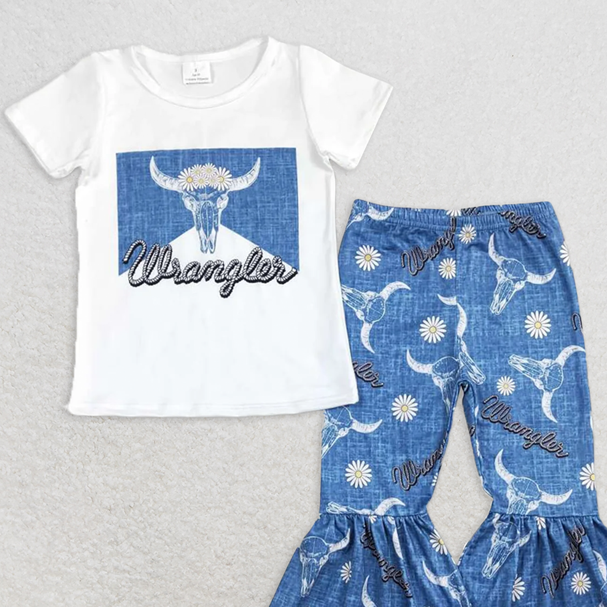 GSPO1287 RTS NO MOQ Baby Girls Spring Outfits Wrangler alpine bull head white short-sleeved floral blue trousers suit