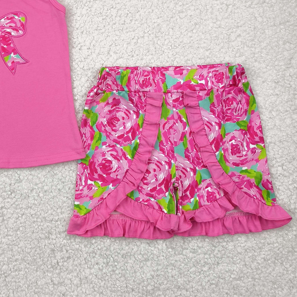 7.15 GSSO1605 RTS NO MOQ Baby Girls Summer Outfits Embroidered flower leaf bow rose red vest shorts set