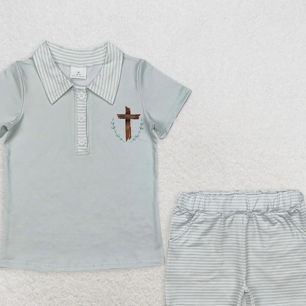 BSSO1025RTS NO MOQ Baby Boys Summer Boys Outfits Baby Boys Easter Cross Tee Shorts Clothes Sets