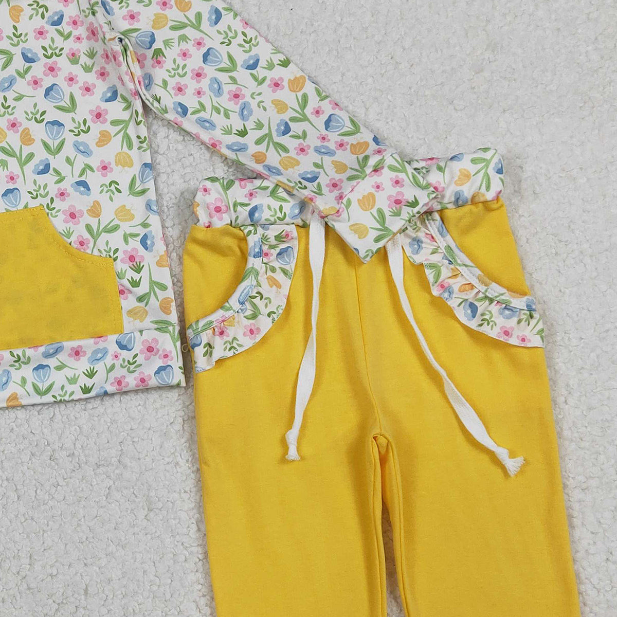 1.15 RTS NO MOQ （In stock）GLP3280 Baby Girls Colorful Flowers Zip Pocket Pullovers Jogger Pants Clothes Sets