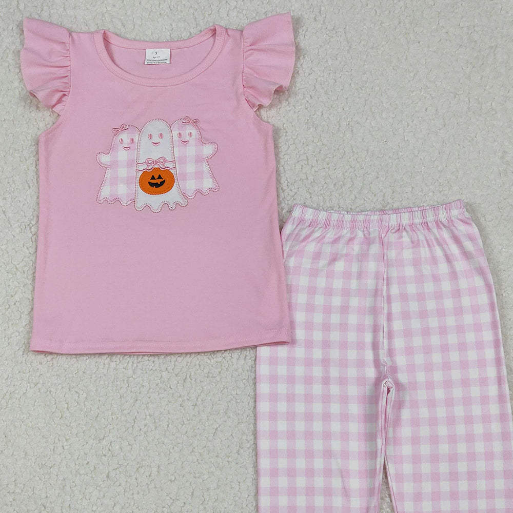 RTS NO MOQ （In stock）GSPO2058 Baby Girl Autumn Outfits Halloween Ghosts Pumpkins Top Pants Halloween Sets