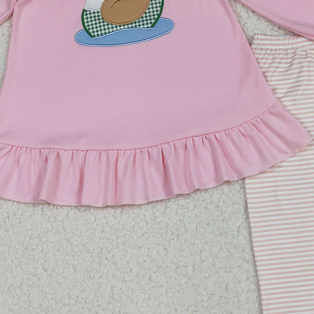 10.10 RTS NO MOQ （In stock）GLP2698 Baby Girls Winter Outfits Embroidery Ducks Baby Girls Pink Tunic Stripe Leggings Pant Clothes Set