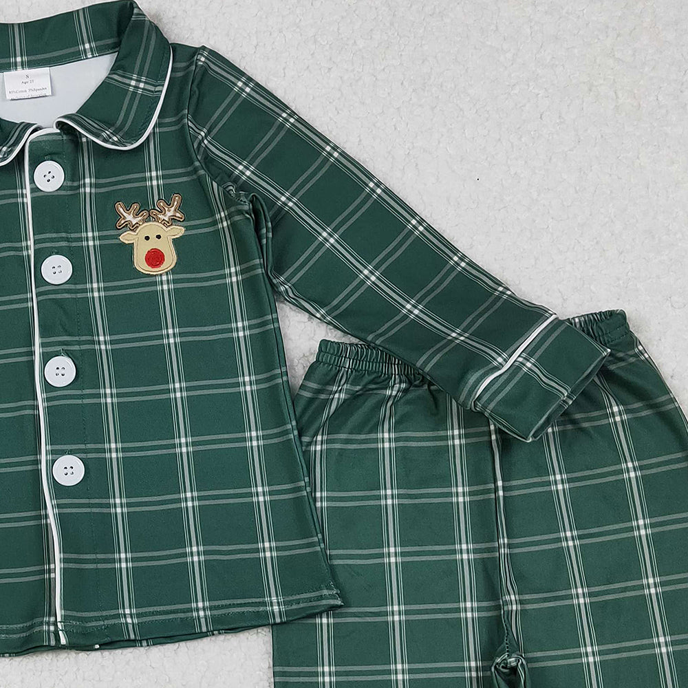 RTS NO MOQ （In stock）BLP0545 Baby Boys Winter Outfits Christmas Checkered Deer Buttons Top Pants Pajamas Sets