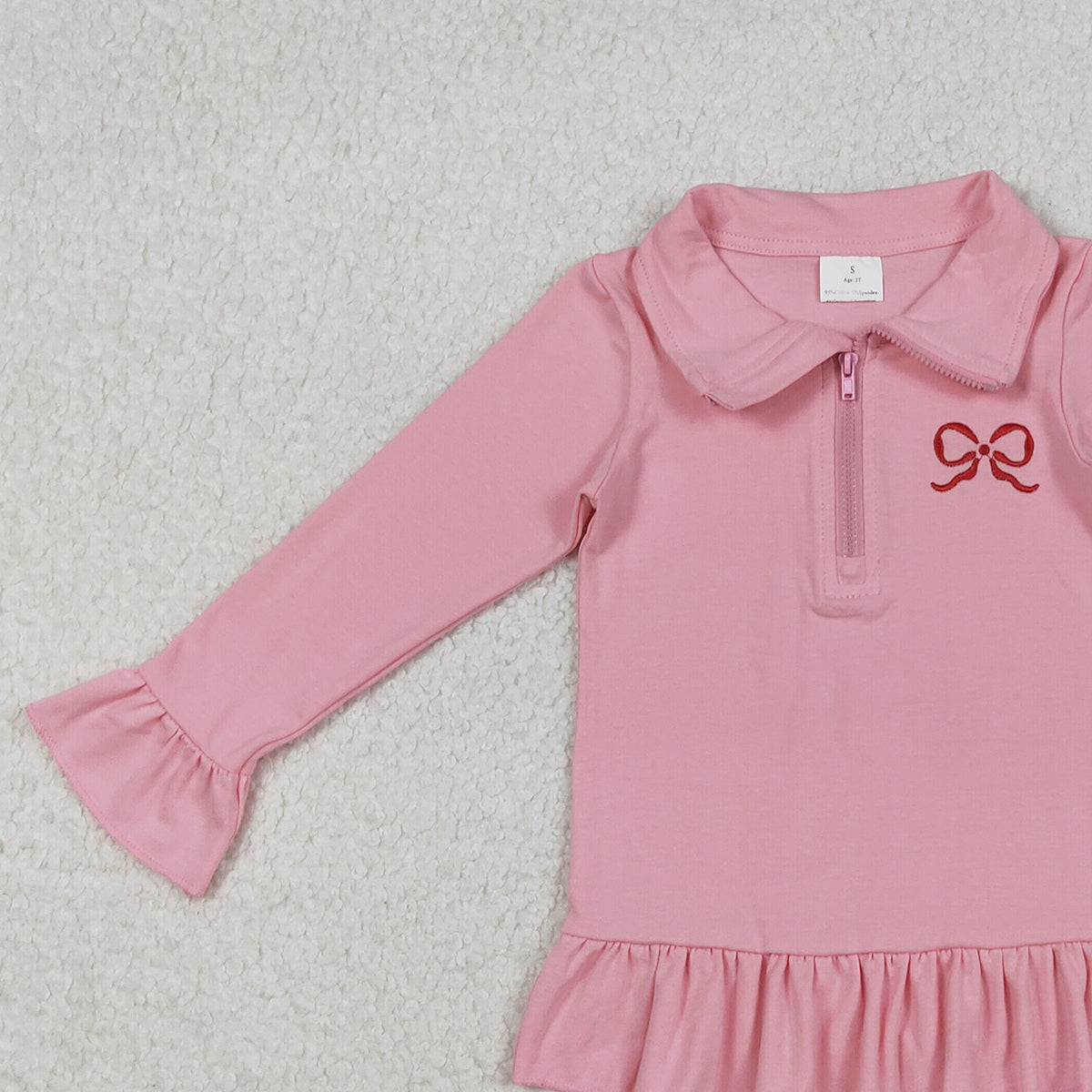 11.20 RTS NO MOQ （In stock）GT1270 Embroidery Bow Baby Girls Pink Long Ruffle Sleeve Zipper Valentines Pullovers Top