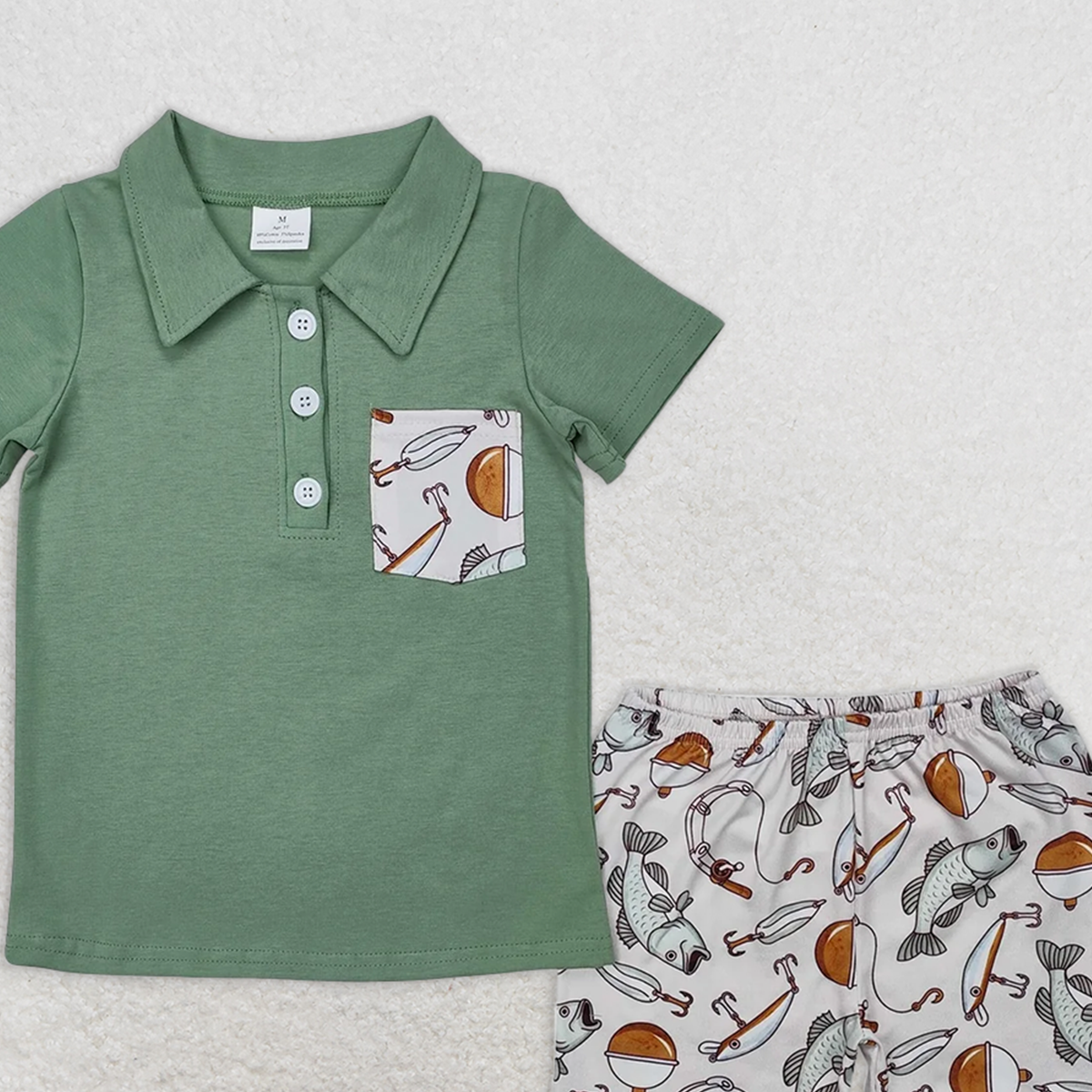 8.25 BSSO1216 RTS NO MOQ Baby Boys Summer Boys Outfits Fishing pocket green short-sleeved shorts set