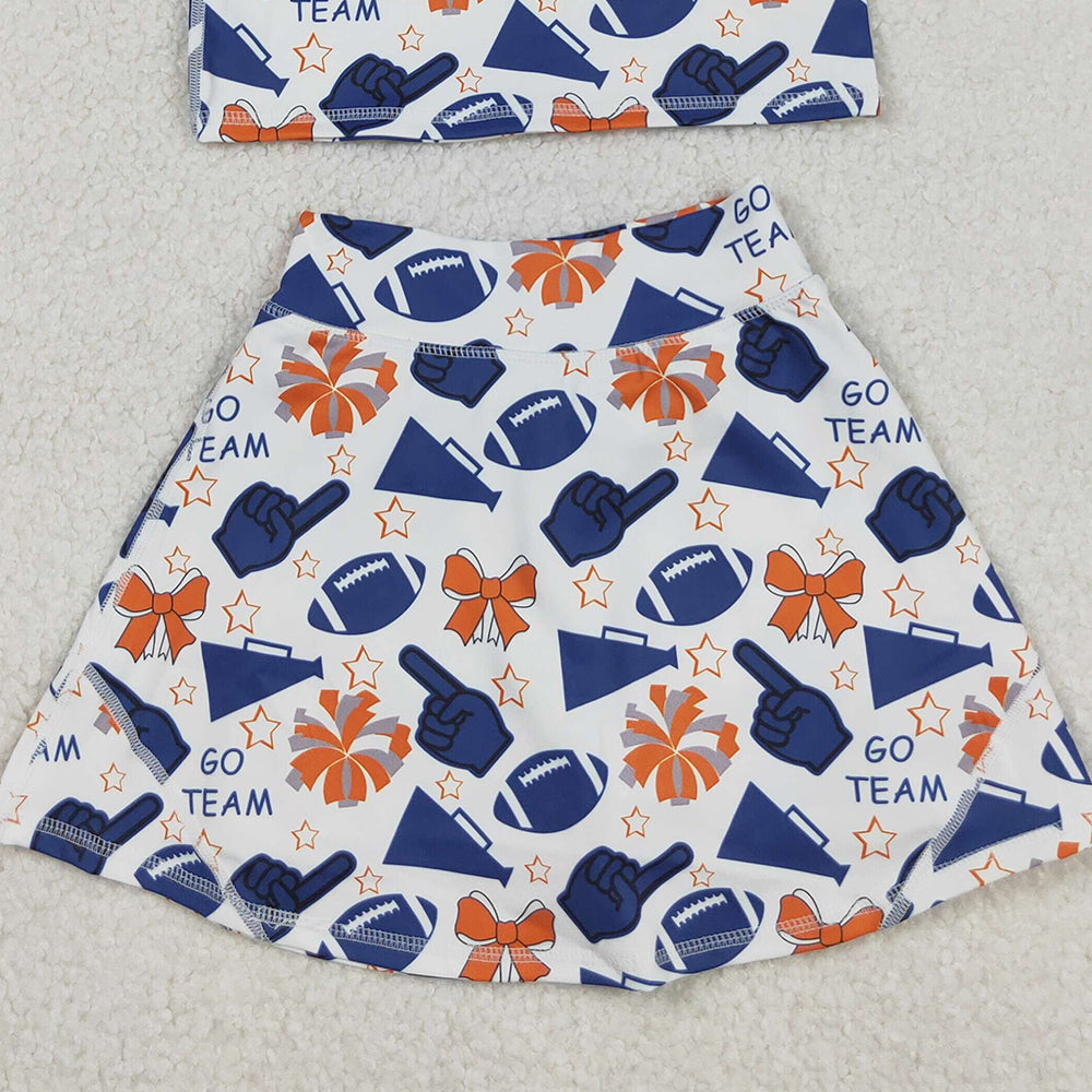RTS NO MOQ （In stock）GSD2694 Baby Girls Yoga Sets Team Navy Footballs Yoga Sets Vest Top Short Skirts Fitness Clothing