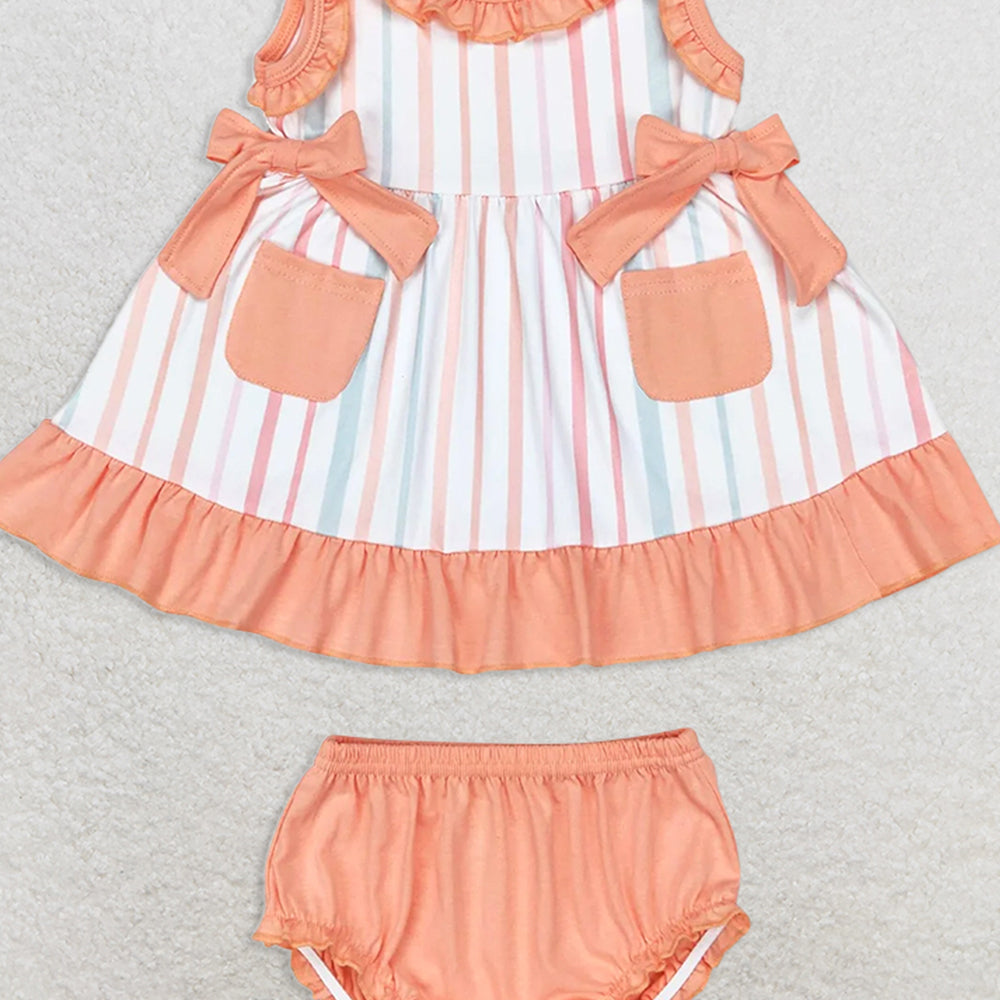 GBO0293RTS NO MOQ Baby Girls Summer Outfits  Baby Girls Orange Stripes Sleeveless Top Summer Bummies Clothes Sets
