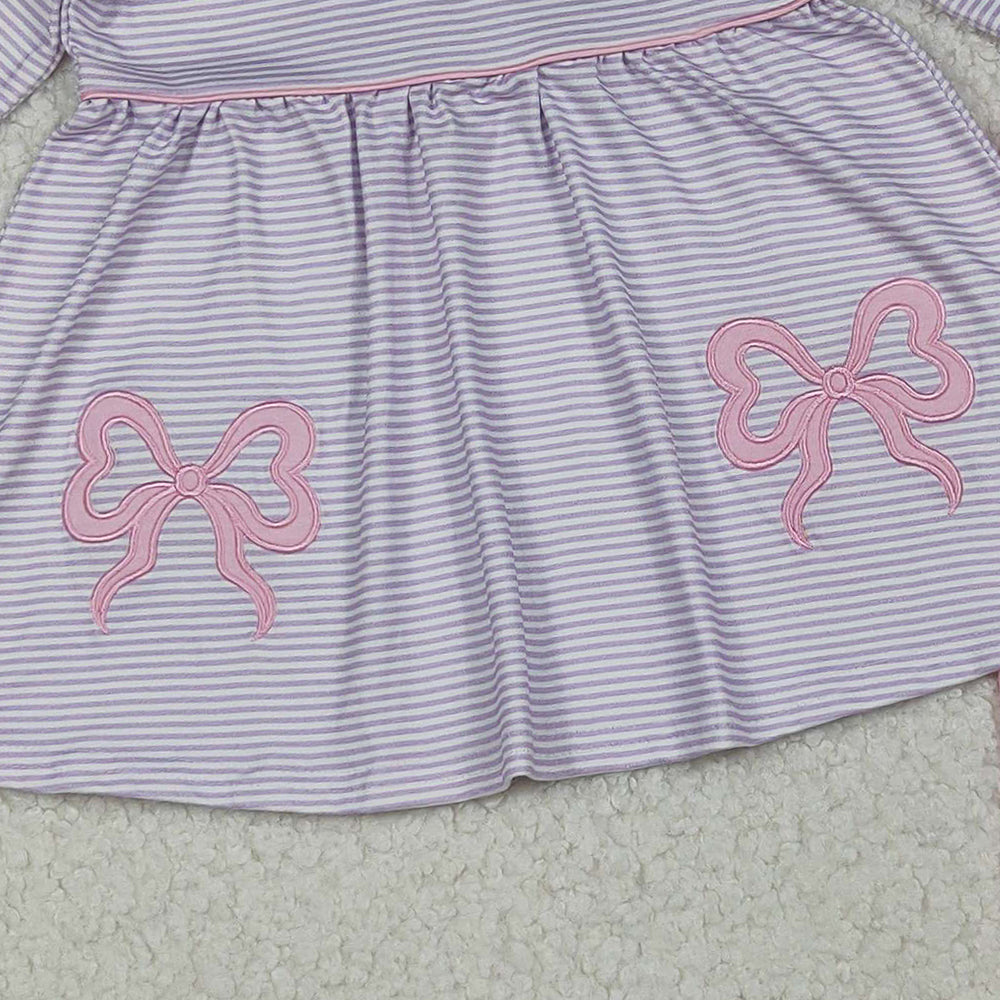 10.10 RTS NO MOQ （In stock）GLP2696 Baby Girls Winter Outfits Embroidery Baby Girls Lavender Stripe Bows Tunic Legging Pant Set