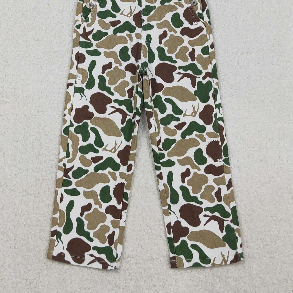 11.5 RTS NO MOQ （In stock）P0828 Baby Boys Deer Ducks Turkey Camo Hunting Denim Jumpsuits