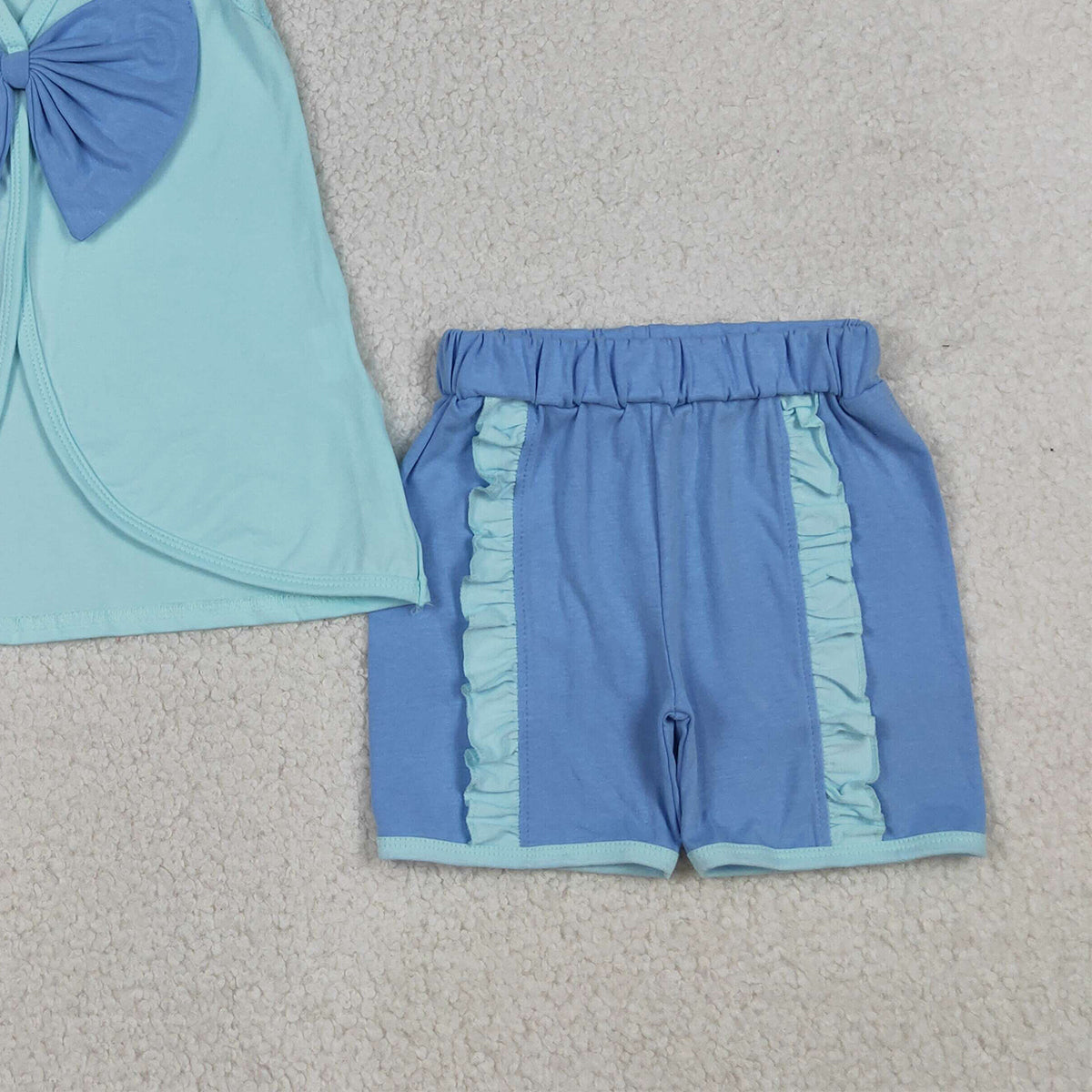 4.1 RTS NO MOQ （In stock）GSSO3463 Sleeveless bow tunic blue shorts girls summer outfits