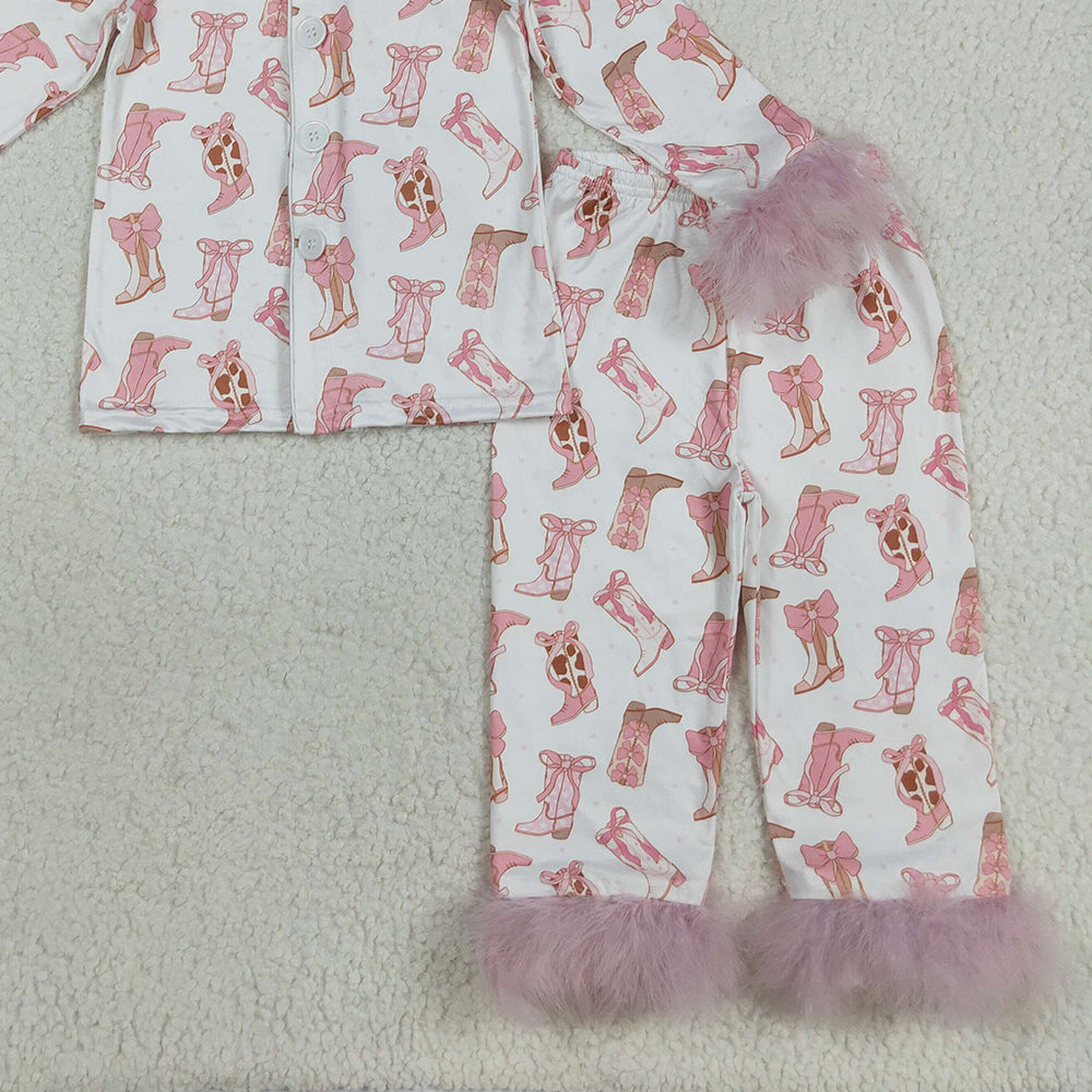 8.23 RTS NO MOQ （In stock）GLP2359 Baby Girls Winter Outfits Baby Girls Pink Fur Sleeves Bows Boots Plaid Button Top Pant Pajamas Set