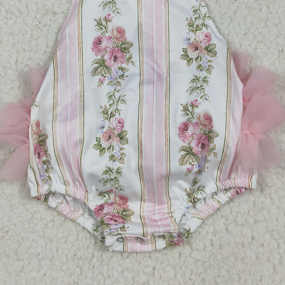 RTS NO MOQ （In stock）SR2964 Baby Girls Summer Rompers Baby Infant Girls Pink Tulle Strap Floral Stripe Ruffle Rompers