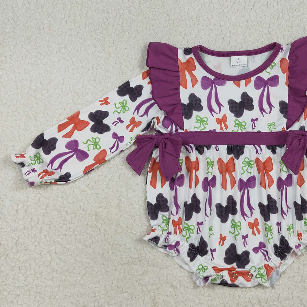 RTS NO MOQ （In stock）LR2285 Baby Girls Winter Rompers Baby Girls Halloween Colorful Purple Bows Ruffle Rompers