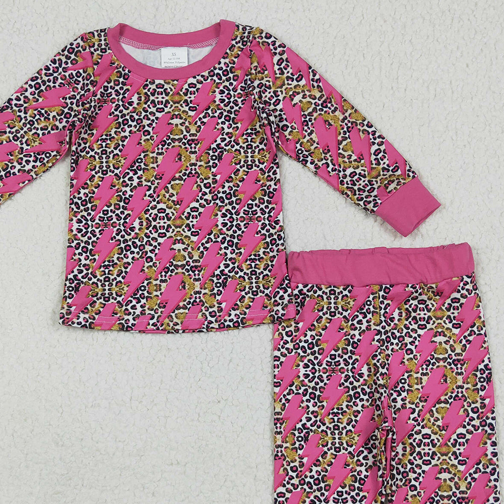 8.15 GLP2393 RTS NO MOQ Baby Girls Winter Outfits Baby Girls Long Sleeves Pink Lightning Leopard Top Pant Pajamas Set