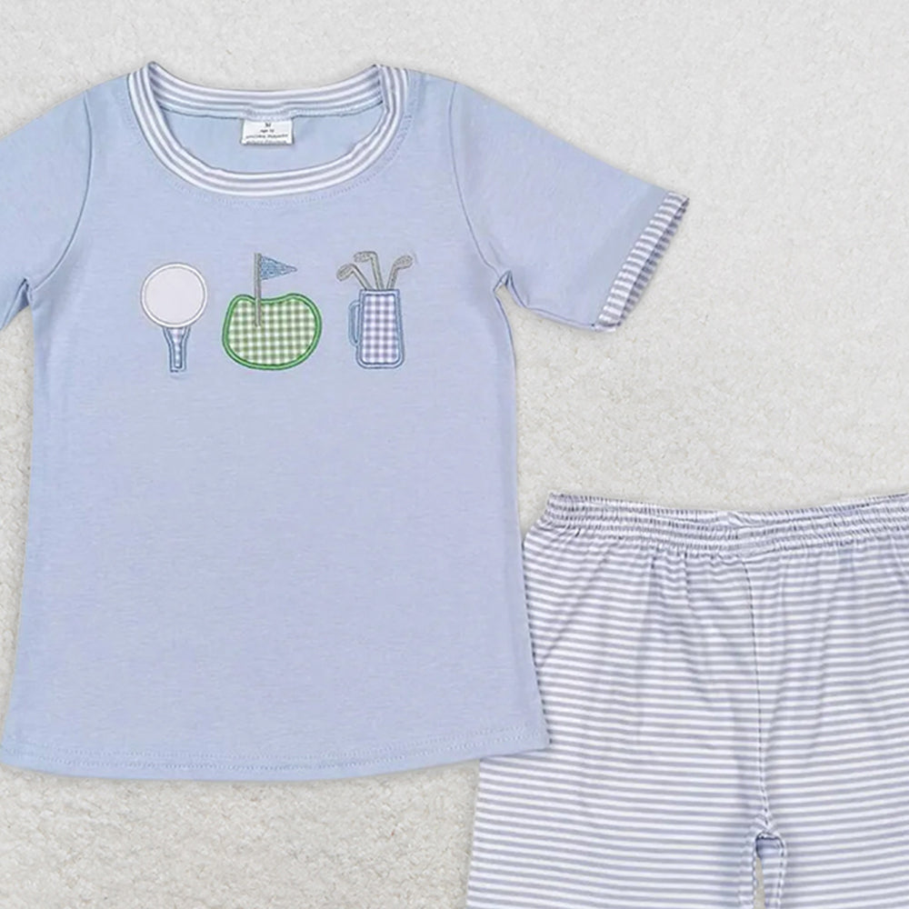 BSSO0686 RTS NO MOQ Baby Boys Summer Boys Outfits Baby Boys Blue Golf Tee Shirt Stripes Shorts Clothes Sets
