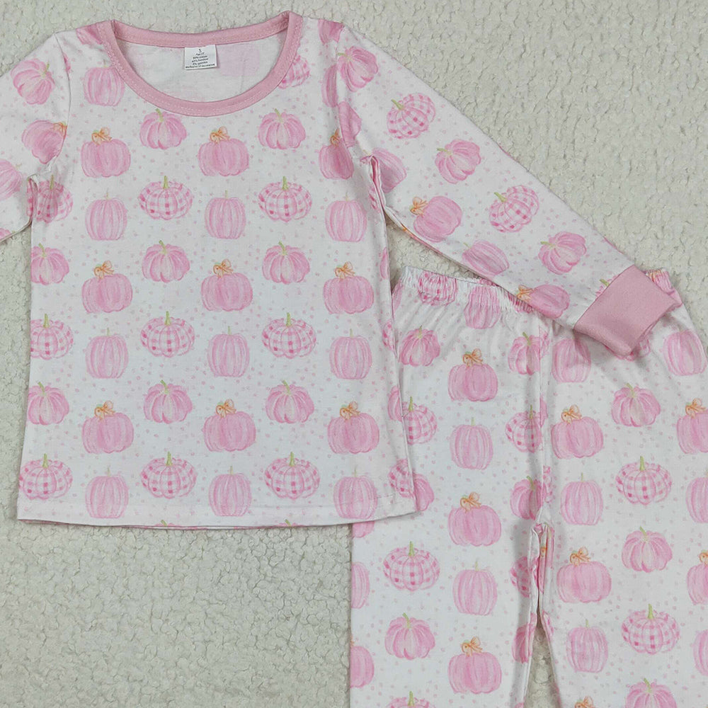 RTS NO MOQ （In stock） GLP1188 Baby Girls Winter Outfits Pink pumpkin long sleeves girls fall pajamas