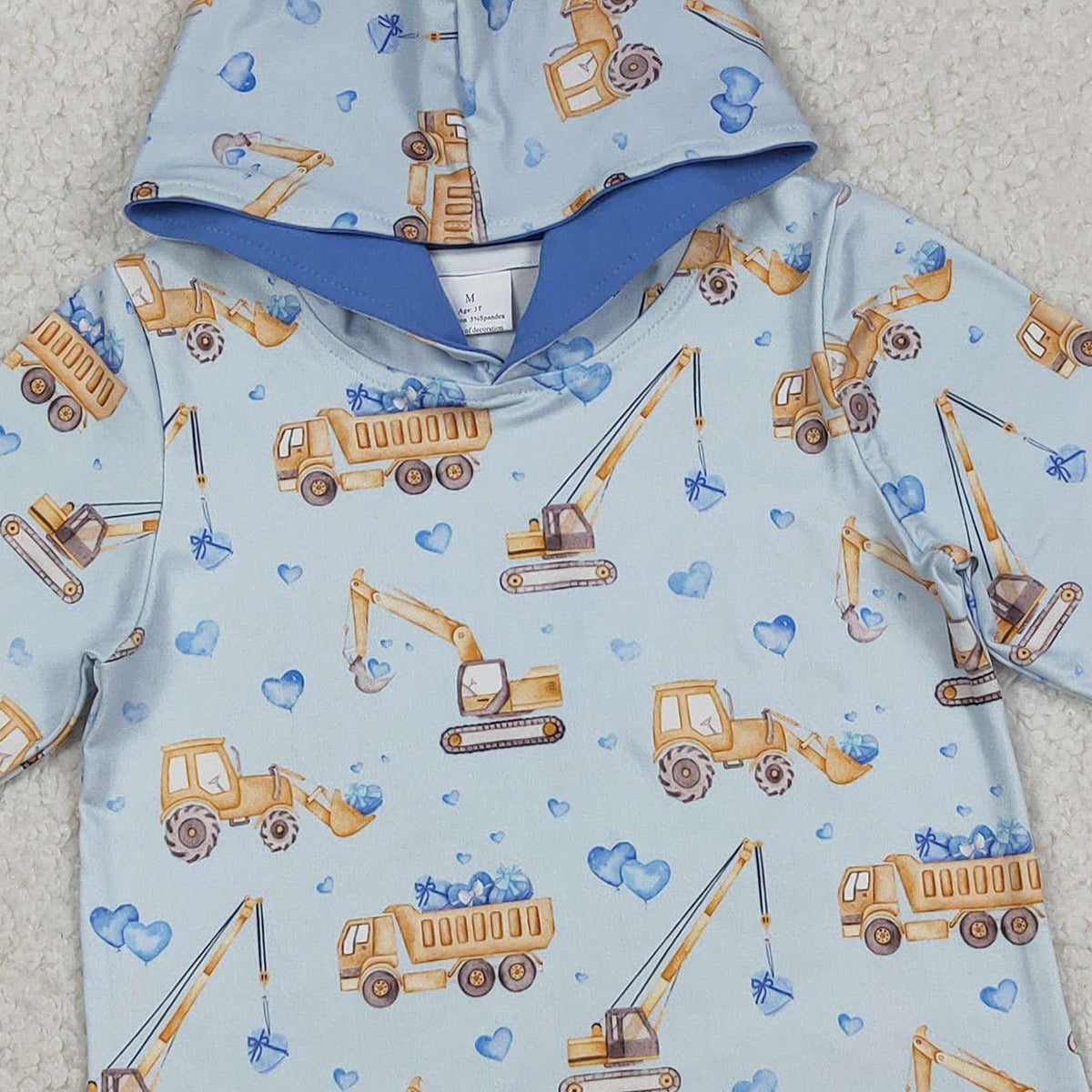 12.10 RTS NO MOQ （In stock）BT1509 Baby Boys Blue Hearts Excavators Valentines Hoodies Top