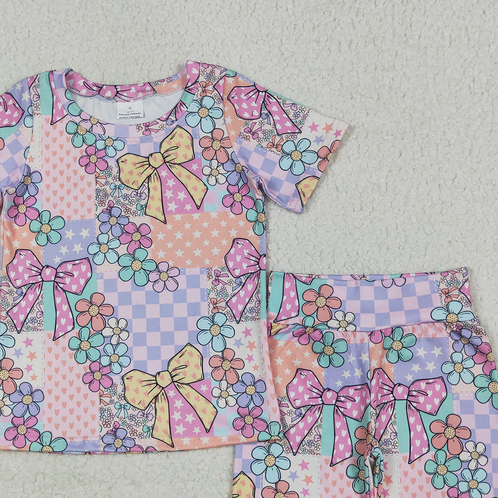 4.12 GSSO2509RTS NO MOQ Baby Girls Colorful Flower Bow Print Shorts Set