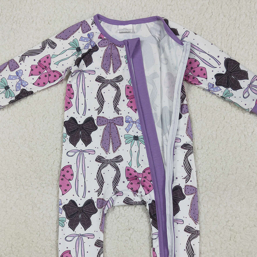 RTS NO MOQ （In stock）LR2358 Baby Girls Winter Rompers Baby Girls Long Sleeves Colorful Bows Zipper Rompers