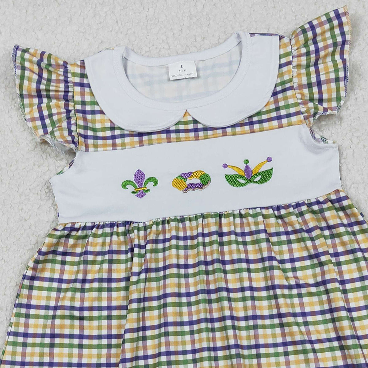 12.13 RTS NO MOQ （In stock）GSD2934 Embroidery Anchors Donuts Baby Girls Mardigras Checked Collar Knee Length Dresses