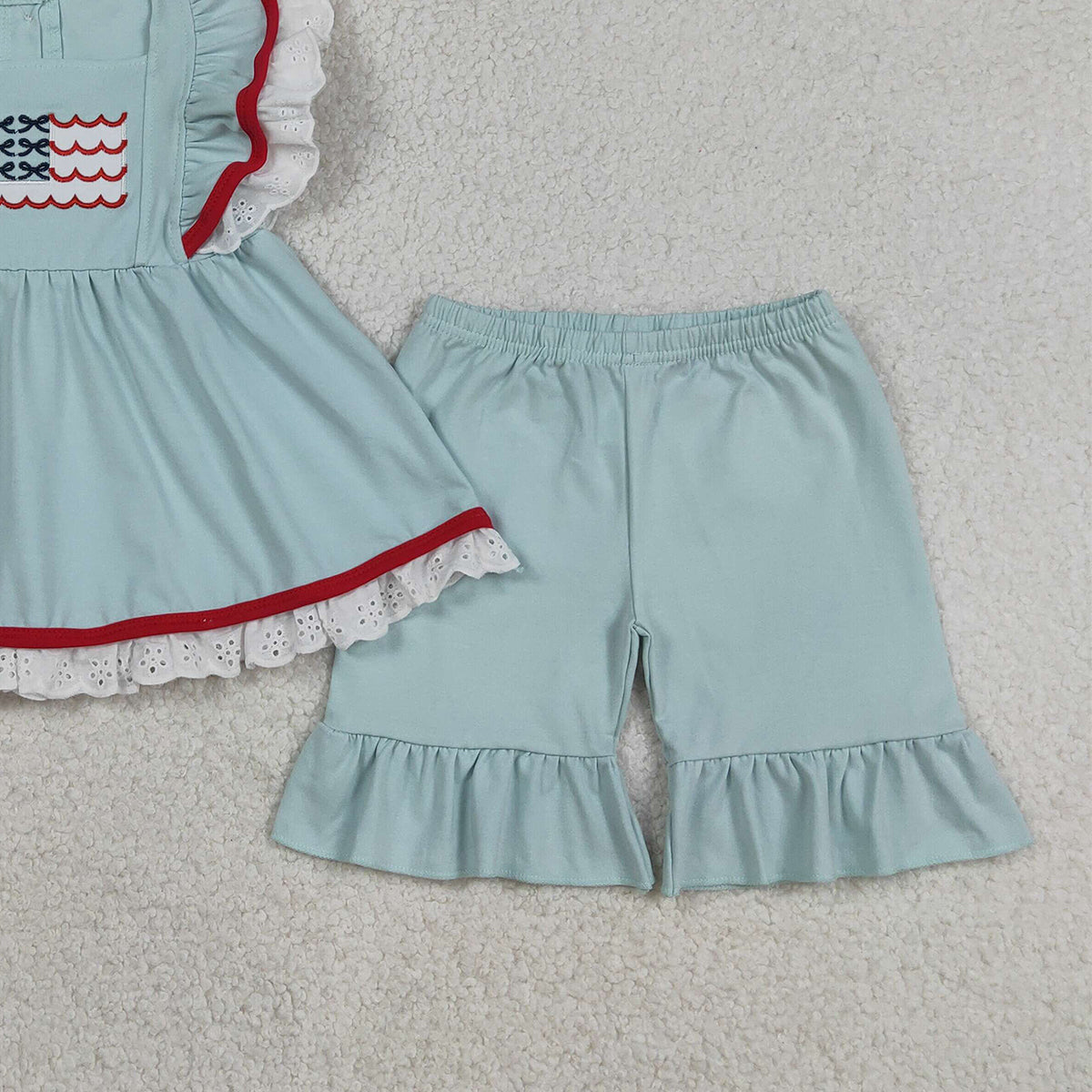 3.18 RTS NO MOQ （In stock）GSSO2926 Kids Clothing for Baby Girls Flutter Sleeve Embroidery Flags Tunic Ruffle Shorts 4th of July Clothes Sets